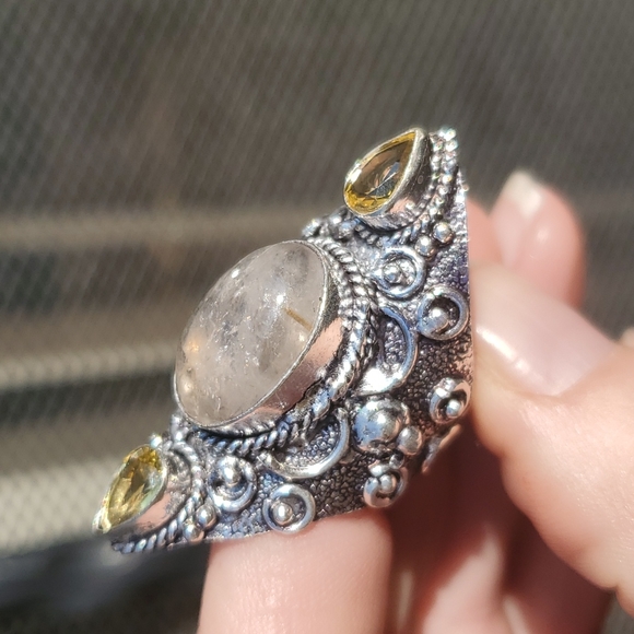 New Golden Rutile & Citrine 925 Silver Statement Ring. - Picture 15 of 16